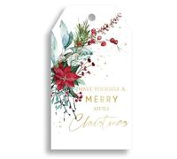 Whaline Lot de 100 étiquettes cadeaux de Noël en papier avec corde de chanvre poinsettia en feuille d'or pré-perforées avec trous pour décoration de Noël d'hiver