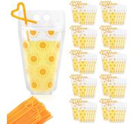 Whaline Lot de 100 pochettes à boisson en plastique avec pailles, jaune soleil, transparent, fermeture éclair, pour premier anniversaire, fête prénatale, rétro, hippie