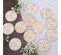 Whaline Lot de 12 cartes d'étape mensuelles 3D en bois pour bébé - Disques de marquage rustiques pour mois de bébé - Accessoire photo pour croissance de grossesse - 9,9 x 10,9 cm