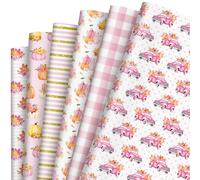 Whaline Lot de 12 feuilles de papier cadeau d'automne - Pas de rouleau - Papier cadeau rose à carreaux de citrouille et feuille d'érable - Papier d'art pour loisirs créatifs, 50 x 70 cm, plié à plat