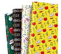Whaline Lot de 12 feuilles de papier cadeau pour la rentrée scolaire en vrac avec 4 motifs ABC Pencil Apple Book Prints Papier cadeau pour le premier jour d'école, bricolage, emballage cadeau, décoration, 50 x 70 cm, plié à plat