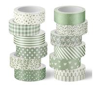 Whaline Lot de 12 rouleaux de ruban adhésif washi vert sauge à motif floral - Feuilles de fleurs - Rayures - Papier d'emballage décoratif - Pour mariage, scrapbooking, journal, loisirs créatifs