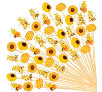 Whaline Lot de 120 pics à cocktail d'été en forme d'abeilles - 6 styles - Jaune - Tournesol - Nid d'abeille - Fait à la main - En bambou - Pour apéritifs, sandwichs aux fruits, boissons, brochettes