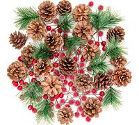 Whaline Lot de 130 couronnes de Noël artificielles en Forme de Pommes de pin Naturelles, Baies de Houx Rouges, Branches de pin Naturelles pour décoration de Maison, Automne, Hiver, fête de Noël,