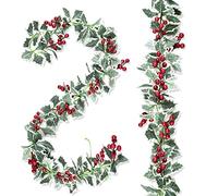 Whaline Lot de 2 guirlandes de Noël artificielles avec feuilles de houx et baies rouges à suspendre pour intérieur ou extérieur, décoration d'intérieur, mariage, fête d'hiver