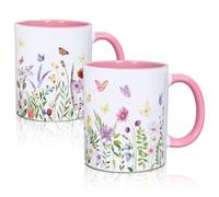 Whaline Lot de 2 tasses à café avec poignée - 355 ml - Motif fleurs sauvages et papillons - Cadeau idéal pour la famille, les amis - Décoration de table pour les amateurs de café