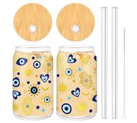 Whaline Lot de 2 tasses à café glacé bleu mauvais œil avec couvercle et brosse de nettoyage pour la maison, le bureau, les femmes, 473,6 g