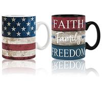 Whaline Lot de 2 tasses patriotiques en céramique - Motif drapeau américain vintage - Étoiles et rayures - Pour le jour de l'indépendance, la maison, l'école, le bureau, les centres de table, cadeau de pendaison de crémaillère