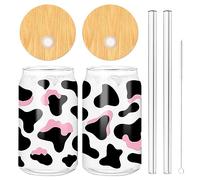 Whaline Lot de 2 verres à boire de 473,6 g - Motif vache rose et noir - Thème cowgirl - Tasse à café glacé avec couvercles en bambou - Brosses de nettoyage pour cocktails, whisky, bière, soda