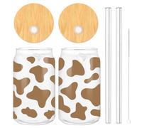 Whaline Lot de 2 verres à boire en forme de vache marron de 473,6 g avec couvercles en bambou, brosses de nettoyage pour cocktails, whisky, bière, soda, cadeaux