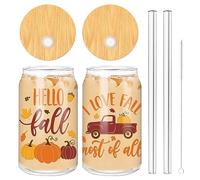 Whaline Lot de 2 verres à boire Hello Fall de 473,6 g en verre de citrouille pour voiture, tasse à café glacé avec couvercle en bambou et brosse de nettoyage pour automne, Thanksgiving, cocktail,
