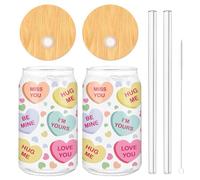 Whaline Lot de 2 verres à boire pour la Saint-Valentin, conversation, tasse à café glacé en forme de cœur coloré en verre avec couvercle paille brosse de nettoyage pour la maison et le bureau, 473,6 g