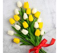 Whaline Lot de 20 tulipes artificielles au toucher réaliste en latex pour maison, jardin, fête de mariage, décoration florale (blanc lait et jaune)