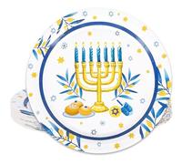 Whaline Lot de 24 assiettes jetables en carton Hanoukka Menorah Hanukah - Assiettes à dîner bleues et blanches pour fêtes d'hiver - Décoration de table - 22,9 cm