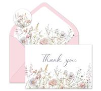 Whaline Lot de 24 cartes de remerciement à motif de fleurs sauvages en vrac aquarelle rose avec enveloppe autocollante, cartes de notes vierges pour anniversaire, mariage, fête prénatale, fête