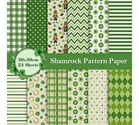 Whaline Lot de 24 feuilles de papier à motif de la Saint-Patrick - Motif trèfle porte-bonheur - Rayures - Double face - Pour scrapbooking - 30 x 30 cm
