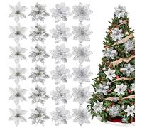 Whaline Lot de 24 Poinsettias de Noël avec 24 Clips - 4 Motifs de Fleurs artificielles argentées à Paillettes - Fournitures de fête d'hiver pour Sapin de Noël, Mariage, Anniversaire, Couronne