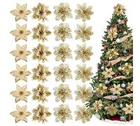 Whaline Lot de 24 Poinsettias de Noël avec 24 Clips - 4 Motifs - Fleurs artificielles dorées à Paillettes - Fournitures de fête d'hiver pour Sapin de Noël, Mariage, Anniversaire, Couronne