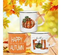 Whaline Lot de 3 mini tasses Hello Fall avec ruban à carreaux - Mini tasses à café en forme de citrouille pour l'automne, Thanksgiving, centres de table à étages - Cadeaux décoratifs