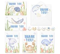 Whaline Lot de 30 cartes de remerciement sous la mer avec enveloppes autocollantes, aquarelle, baleine, crabe, tortue, animal de l'océan, cartes de remerciement pour vœux, anniversaire, fête prénatale, fête prénuptiale 10,2 x 15,2 cm