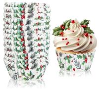 Whaline Lot de 300 caissettes de cuisson pour cupcakes de Noël, motif houx, aquarelle, houx Jolly, moules à muffins rouges et verts, pour Noël, les vacances, les fêtes d'anniversaire