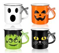 Whaline Lot de 4 mini tasses d'Halloween avec ruban à carreaux, chat, monstre, fantôme, citrouille, mini tasses à café pour fête d'Halloween pour centres de table, plateau décoratif à étages