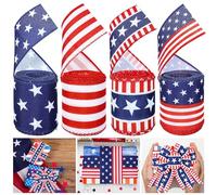 Whaline Lot de 4 rouleaux de ruban à bords filaires du 4 juillet - Drapeau américain - Étoiles - Ruban pour le jour de l'indépendance - Cadeau - Couronne - Nœud - Décoration de fête - 22 m - 6,3 cm