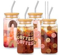 Whaline Lot de 4 tasses à café glacé bohème avec couvercles en bambou et pailles, 473,6 g, rétro groovy, verres en forme de canette de bière, pour soda, cocktail, whisky, café, thé, eau, vin
