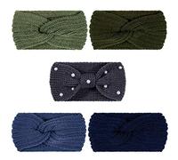 Whaline Lot de 5 bandeaux d'hiver en tricot épais, 4 turbans élastiques et 1 bandeau en crochet avec perles - Chauffe-oreilles pour femmes et filles (Bleu-vert)