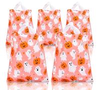 Whaline Lot de 50 sacs à bonbons d'Halloween avec cordon de serrage, motif fantôme rose, citrouille, sacs à friandises mignons en plastique pour tours ou friandises, fournitures de fête d'anniversaire