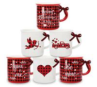 Whaline Lot de 6 mini tasses à café avec ruban rouge et noir à carreaux en forme de camion Cupidon pour la Saint-Valentin, un anniversaire de mariage, un centre de table, un cadeau décoratif