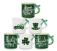 Whaline Lot de 6 mini tasses à café avec ruban vert et noir à carreaux trèfle chapeau camion mini tasse irlandais fête à étages décoration pour centres de table, cadeau de pendaison de crémaillère