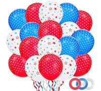 Whaline Lot de 60 ballons de 4 juillet avec 3 rouleaux de ruban en latex, motif étoile, rouge, blanc, bleu, décoration pour le jour de l'indépendance, jour commémoratif, fête patriotique, 30,5 cm