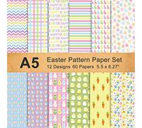 Whaline Lot de 60 feuilles de papier à motif printanier de Pâques - Format A5 - 12 motifs - Double face - Plaid - Lapin - Œuf - Papier artisanal - Papier origami décoratif pour la fabrication de