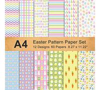 Whaline Lot de 60 feuilles de papier double face à motif de Pâques - Format A4 - 12 motifs - Lapin de Pâques - Œuf de lapin - Papier artisanal - Papier origami décoratif pour la fabrication de cartes,