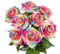 Whaline Lot de 8 Roses artificielles en Soie Arc-en-Ciel au Toucher réaliste pour Bouquets de Bricolage, fête de Mariage, fête prénatale, décoration d'intérieur