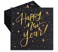 Whaline Lot de 80 serviettes de table jetables en feuille d'or pour le Nouvel An, 16,5 x 16,5 cm, noir et doré