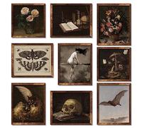 Whaline Lot de 9 impressions d'art mural vintage Dark Academia - Sorcière sur balai - Crâne floral - Décoration d'intérieur gothique pour Halloween, salon, chambre à coucher (sans cadre)