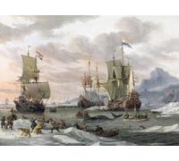 Whaling Grounds in the Arctic Ocean par l'artiste néerlandais Abraham Storck (ou Sturckenburch) 1654-1708. La peinture originale se trouve dans la collection du Rijksmuseum à Amsterdam aux Pays-Bas