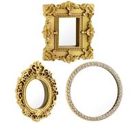 WHAMVOX Lot de 3 Miroirs Miniatures Classiques en Résine Dorée, Accessoires Décoratifs pour Maison de Poupée, Miroirs Ovales et Carrés Incrustation Strass, Décoration Miniature pour