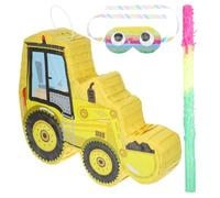 WHAMVOX Piñata Anniversaire Chantier Jaune Forme Dexcavatrice Décoration Festive Jeu à Remplir de Bonbons Kit avec et Bandeau Fête Danniversaire