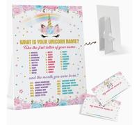 What is your Unicorn Name Game - Décoration de fête d'anniversaire licorne (1 panneau et 30 étiquettes autocollantes), cartes d'activité licorne pour filles, activités de vacances, mariage, anniversaire de mariage