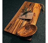 What the Art!® Olive Wood Planche à découper en bois d'olivier avec bols à sauce et cadeau Taille M 30 x 15 x 2 cm