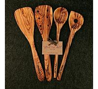 What the Art!® Olive Wood «The Chef» M | Set 4 ustensiles de cuisine en bois d'olivier + cadeau | 30 cm | Spatule + Spatule à trous + Cuillère de cuisine + Cuillère à risotto