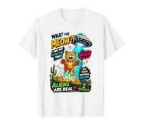 What The Meow Funny Cat UFO Abduction Sci-FI Alien T-Shirt Graphique avec Valeur, Homme, Blanc, M