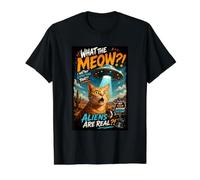 What The Meow Funny Shocked Cat UFO Alien Flying Saucer T-Shirt Graphique avec Valeur