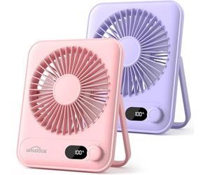 WHATOOK Lot de 2 mini ventilateurs de table silencieux : 100 vitesses et batterie de 2000 mAh, petit ventilateur USB rechargeable avec écran LED, ventilateur portable pliable pour bureau, maison