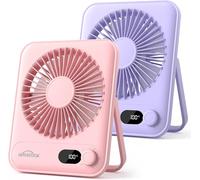 WHATOOK Lot de 2 mini ventilateurs USB : régulateur en continu 1 à 100, batterie 5000 mAh, avec charge rapide et affichage LED, mini ventilateur compact portable pour bureau, maison, camping, voyage