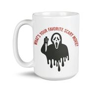 What's Your Favorite Scary Movie ? Mug, 15oz Large Ceramic Coffee Cup, Double Sided Print, Dishwasher & Microwave Safe, Horror Mask Inspired Halloween Gift for Movie Fans - White