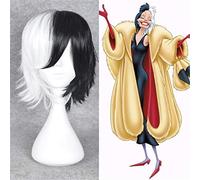 WHBHD 2022 101 Dalmatiens Cruella Devil Cosplay Perruque 32cm à moitié Noir et Blanc Moelleux Perruques synthétiques en Couches Courtes + Perruque